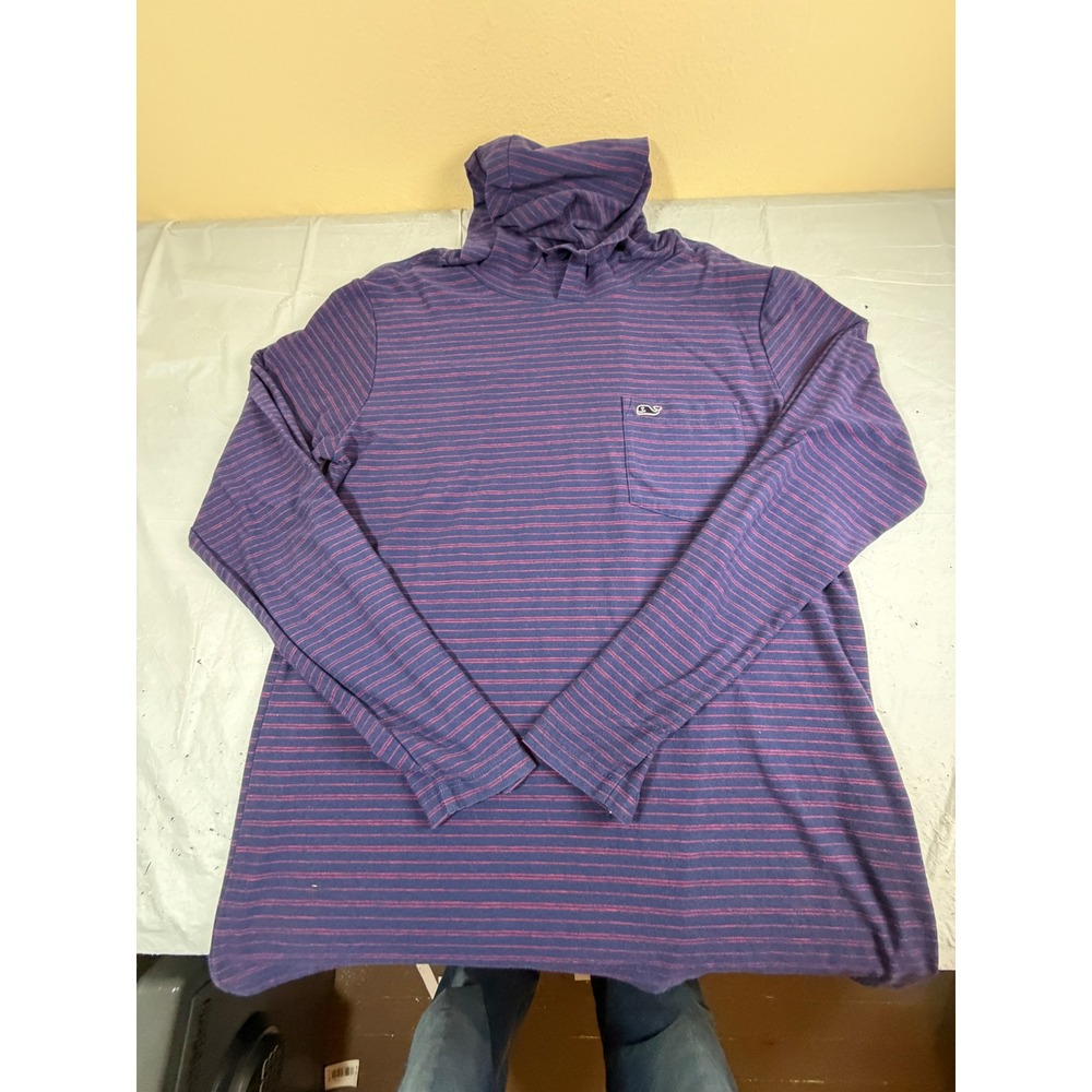 Vineyard Vines Mens Small Edgartown Hoodie T-Shirt Navy Pink Striped Pima Cotton